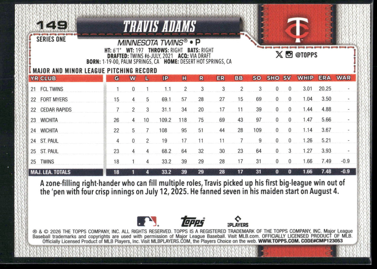 2026 Topps #149 Travis Adams