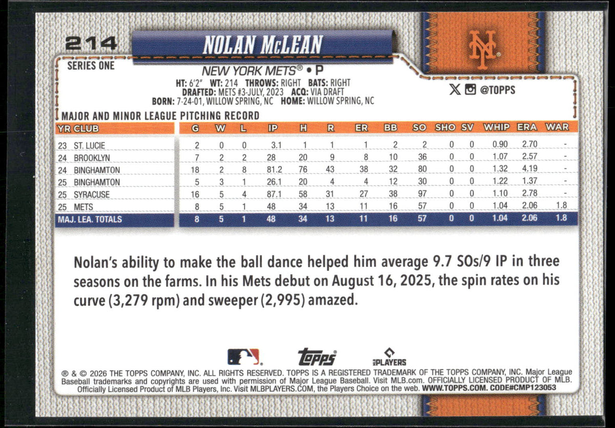 2026 Topps #214 Nolan McLean