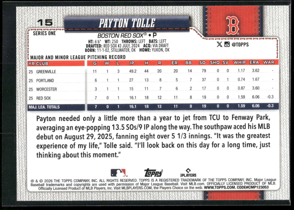 2026 Topps #15 Payton Tolle