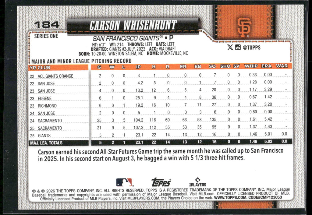 2026 Topps #184 Carson Whisenhunt