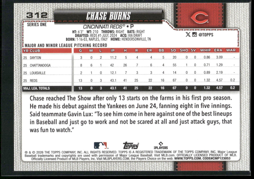 2026 Topps #312 Chase Burns
