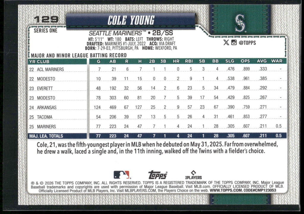 2026 Topps #129 Cole Young
