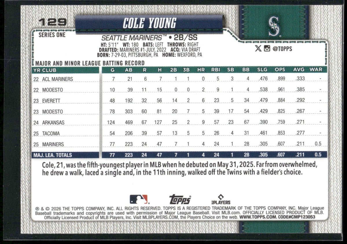 2026 Topps #129 Cole Young