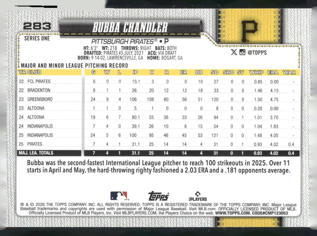 2026 Topps #283 Bubba Chandler