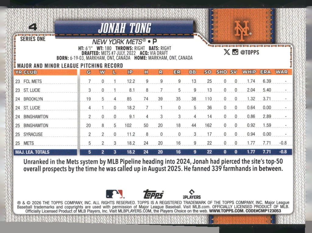 2026 Topps #4 Jonah Tong