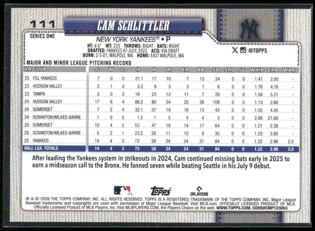 2026 Topps #111 Cam Schlittler