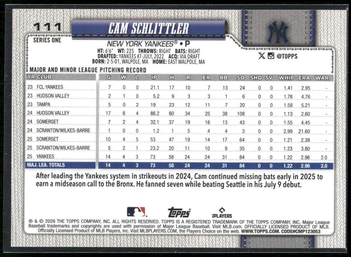 2026 Topps #111 Cam Schlittler