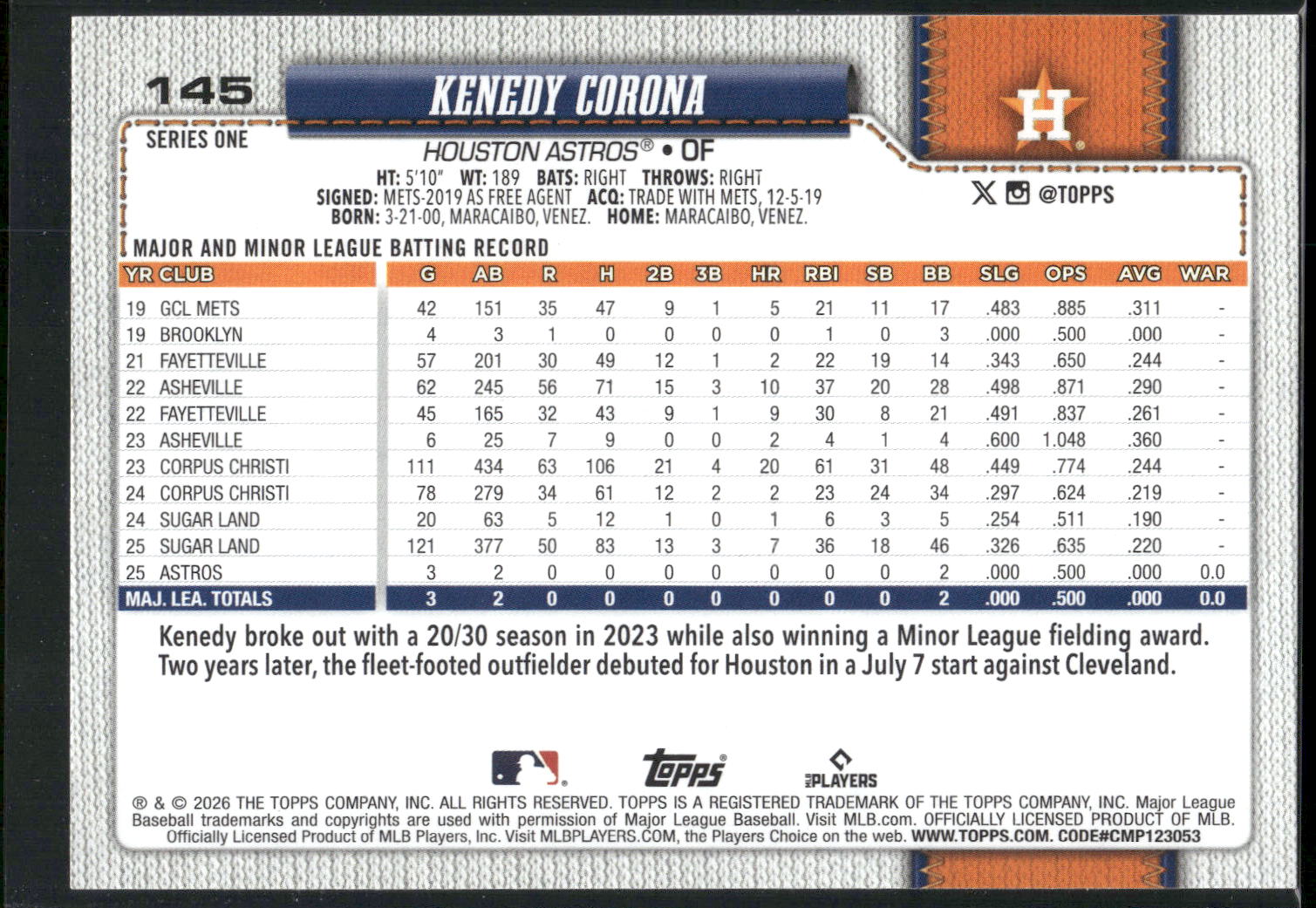2026 Topps #145 Kenedy Corona