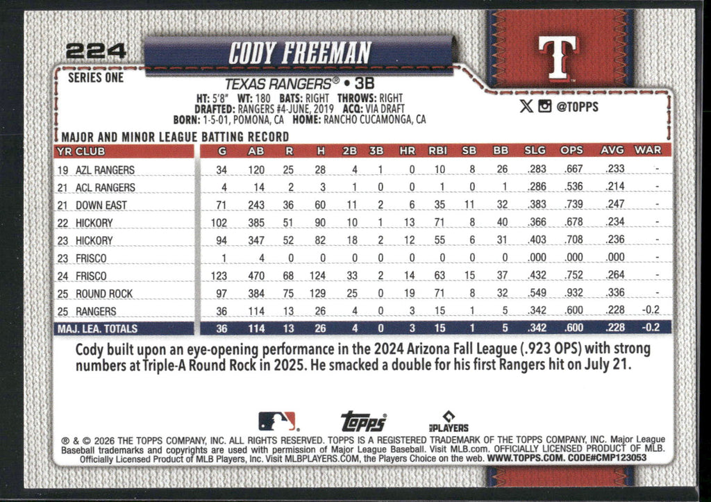 2026 Topps #224 Cody Freeman
