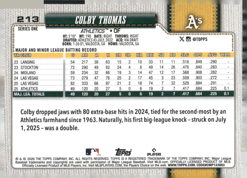 2026 Topps #213 Colby Thomas