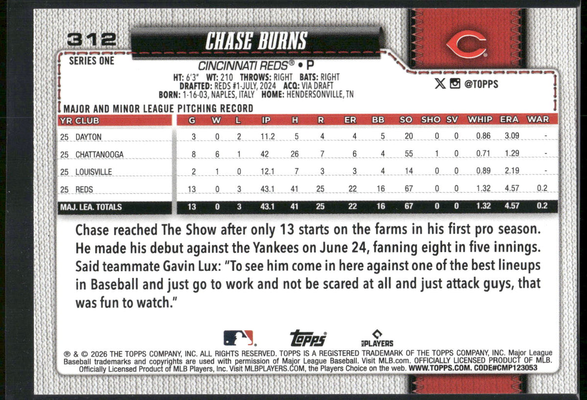 2026 Topps #312 Chase Burns