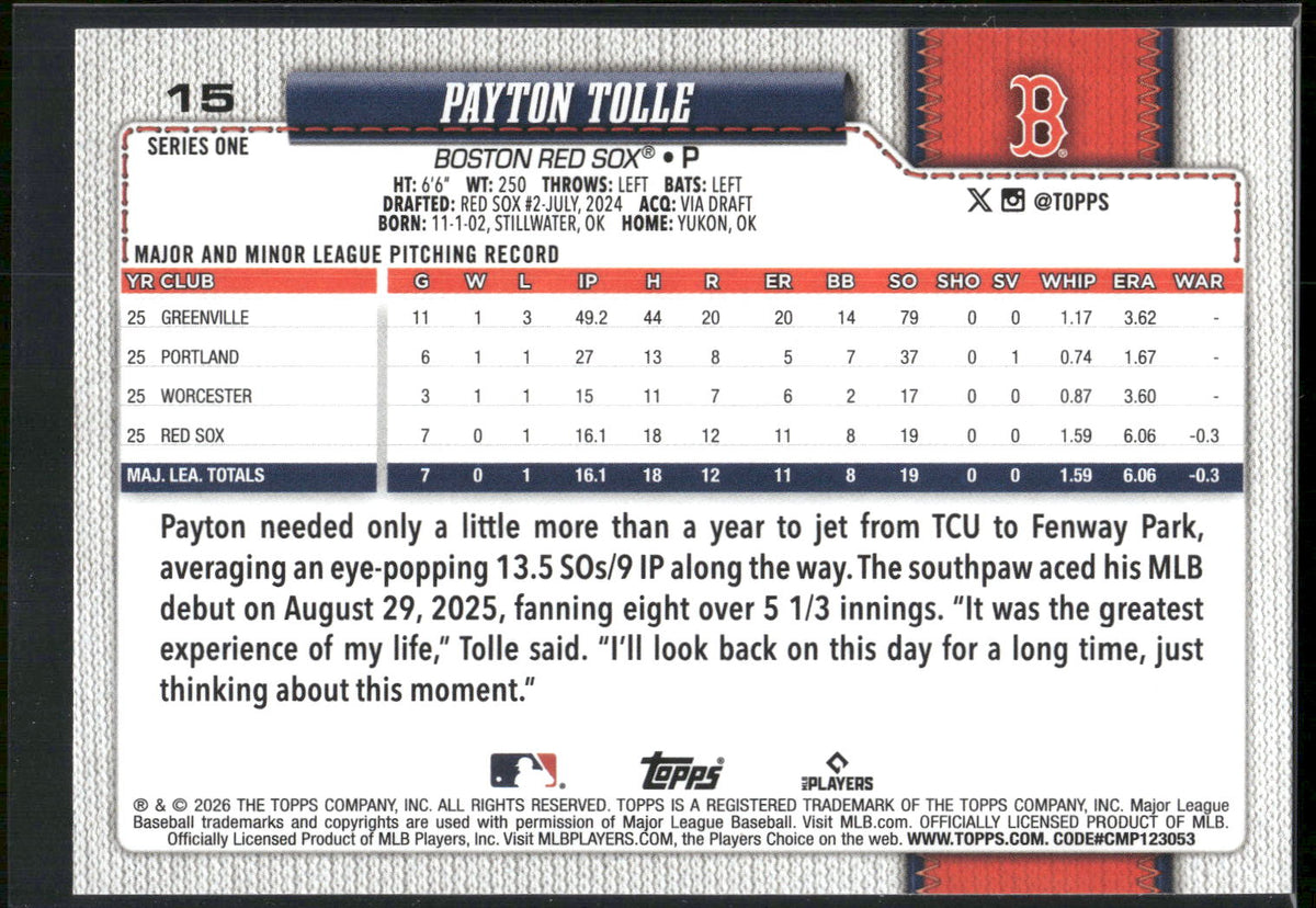 2026 Topps #15 Payton Tolle