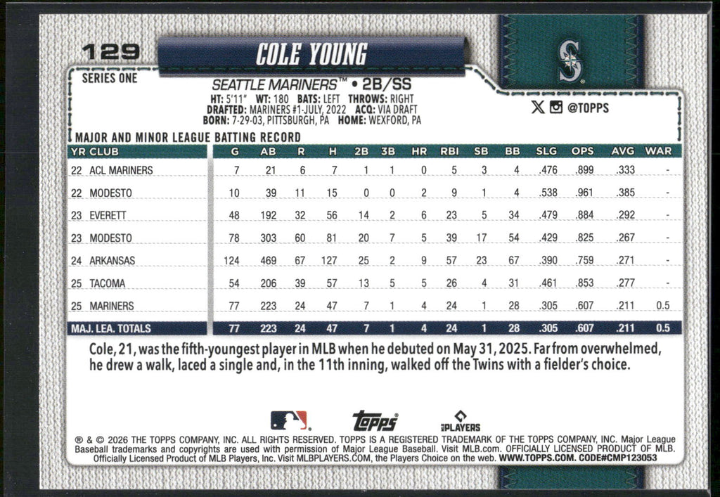 2026 Topps #129 Cole Young