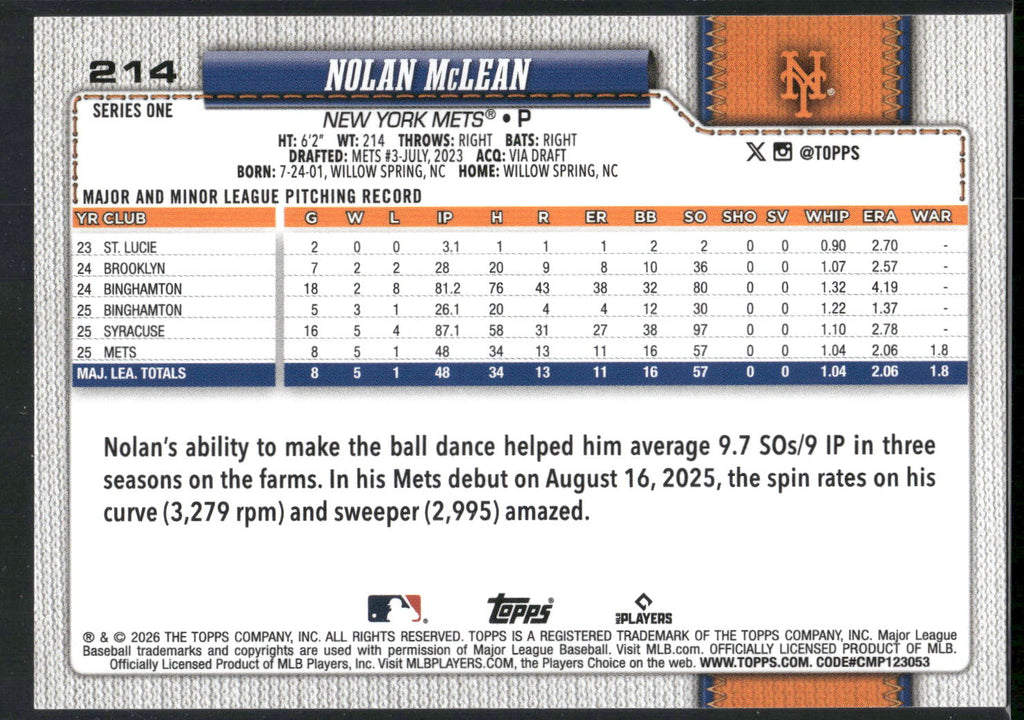 2026 Topps #214 Nolan McLean