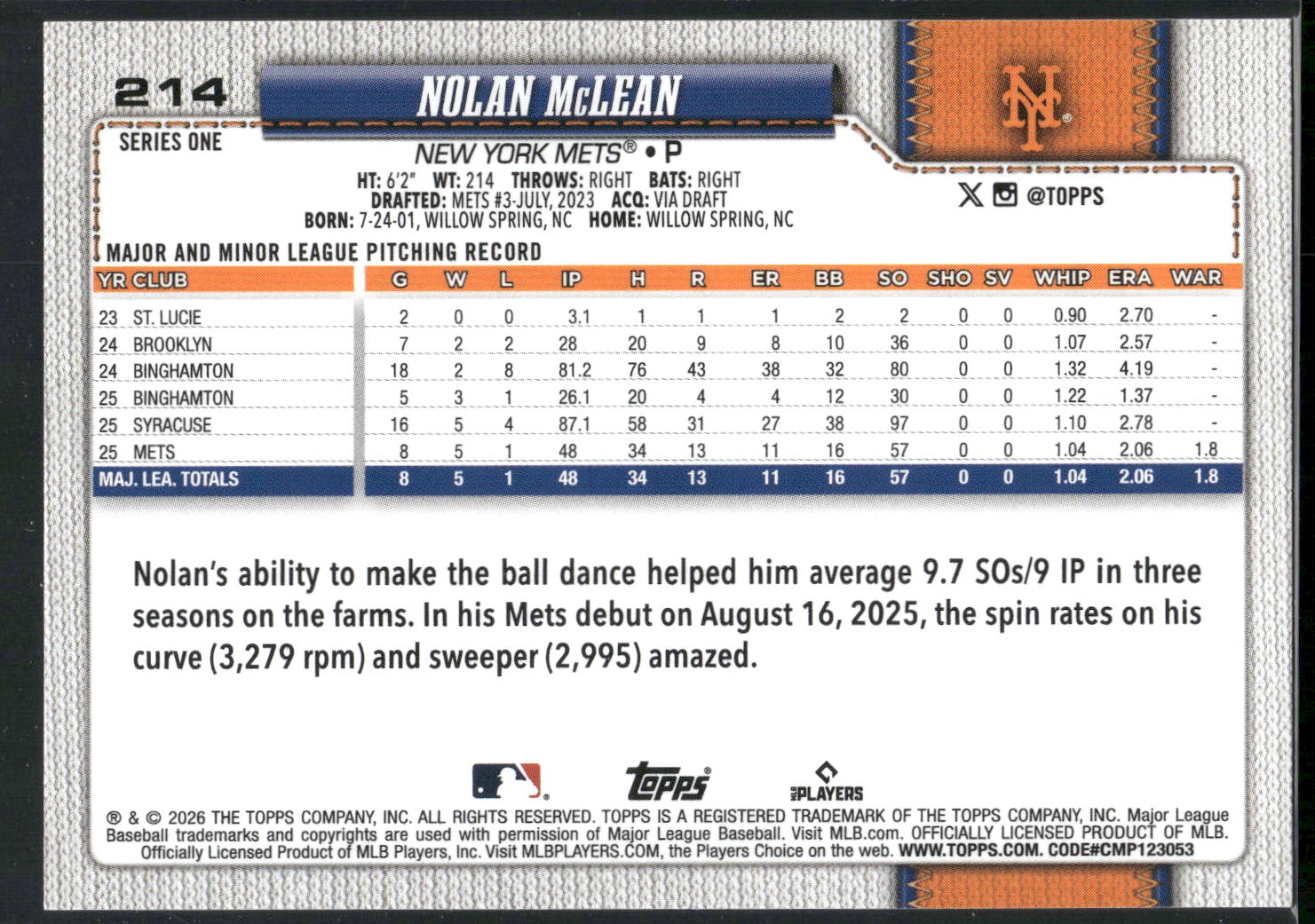2026 Topps #214 Nolan McLean