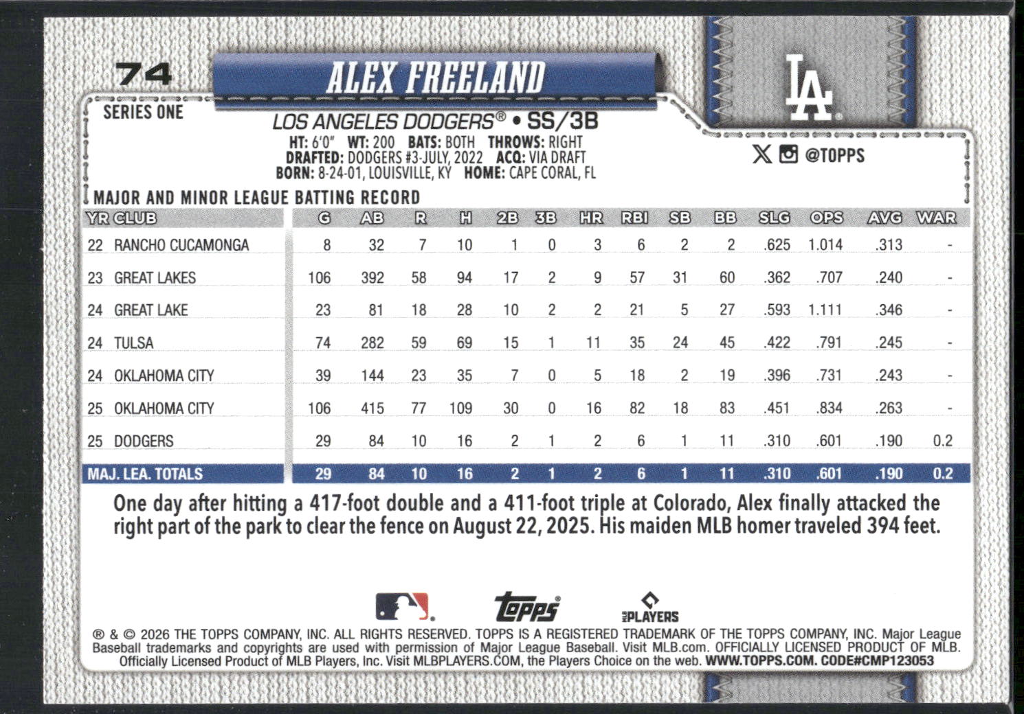 2026 Topps #74 Alex Freeland