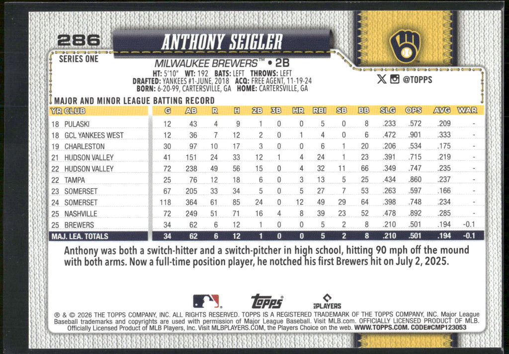 2026 Topps #286 Anthony Seigler