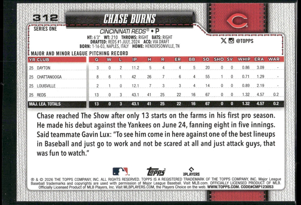 2026 Topps #312 Chase Burns