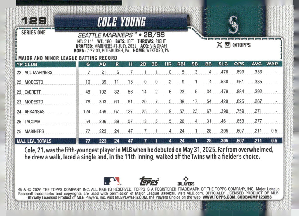 2026 Topps #129 Cole Young