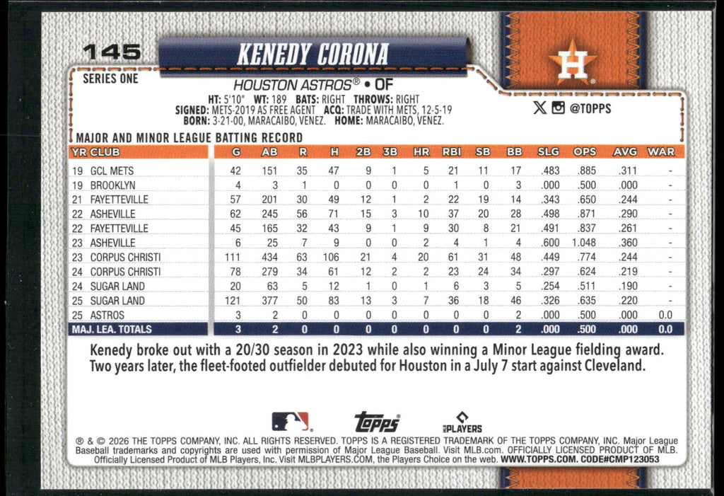 2026 Topps #145 Kenedy Corona