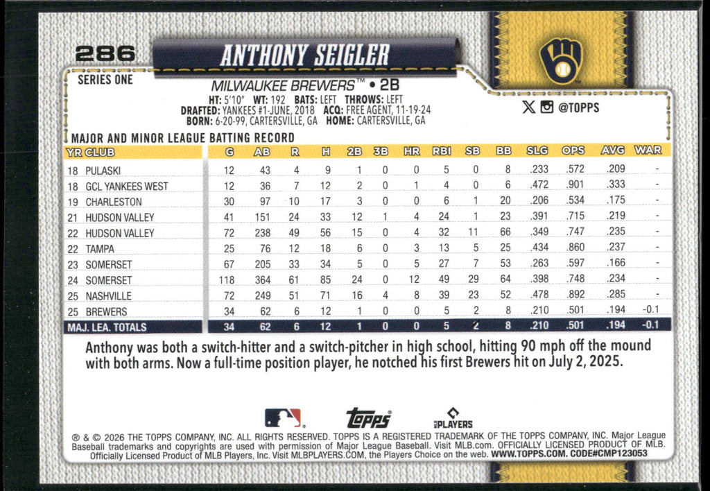 2026 Topps #286 Anthony Seigler