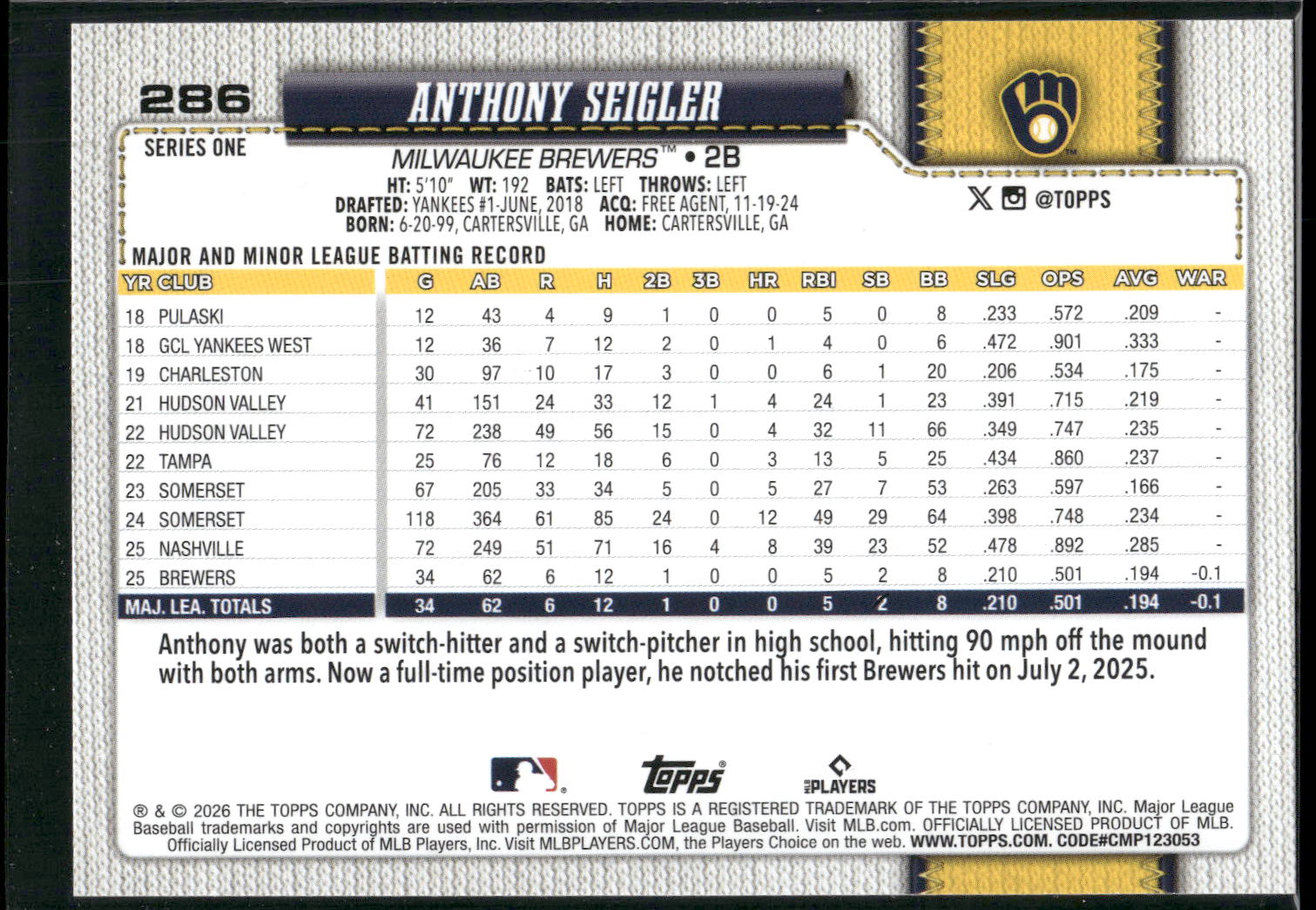 2026 Topps #286 Anthony Seigler