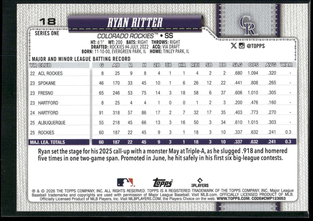 2026 Topps #18 Ryan Ritter