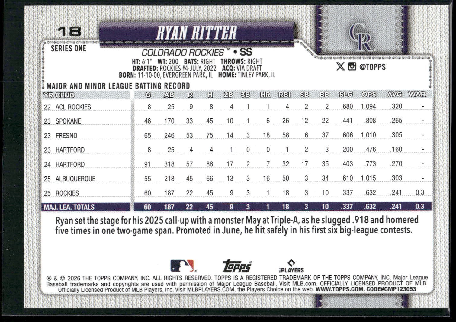 2026 Topps #18 Ryan Ritter