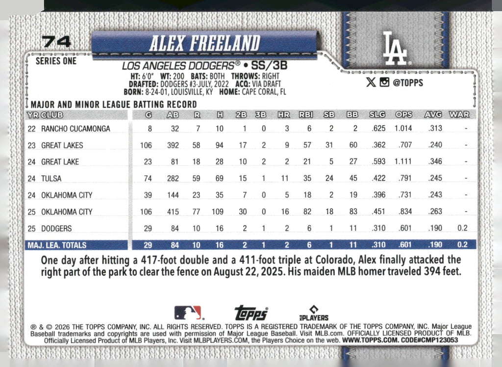 2026 Topps #74 Alex Freeland