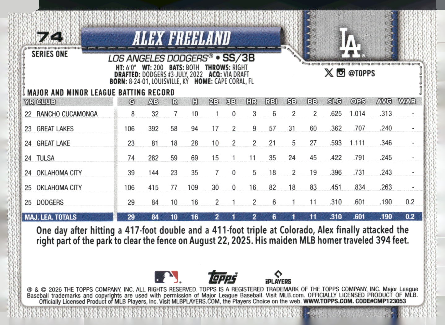 2026 Topps #74 Alex Freeland