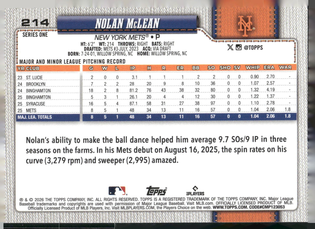 2026 Topps #214 Nolan McLean