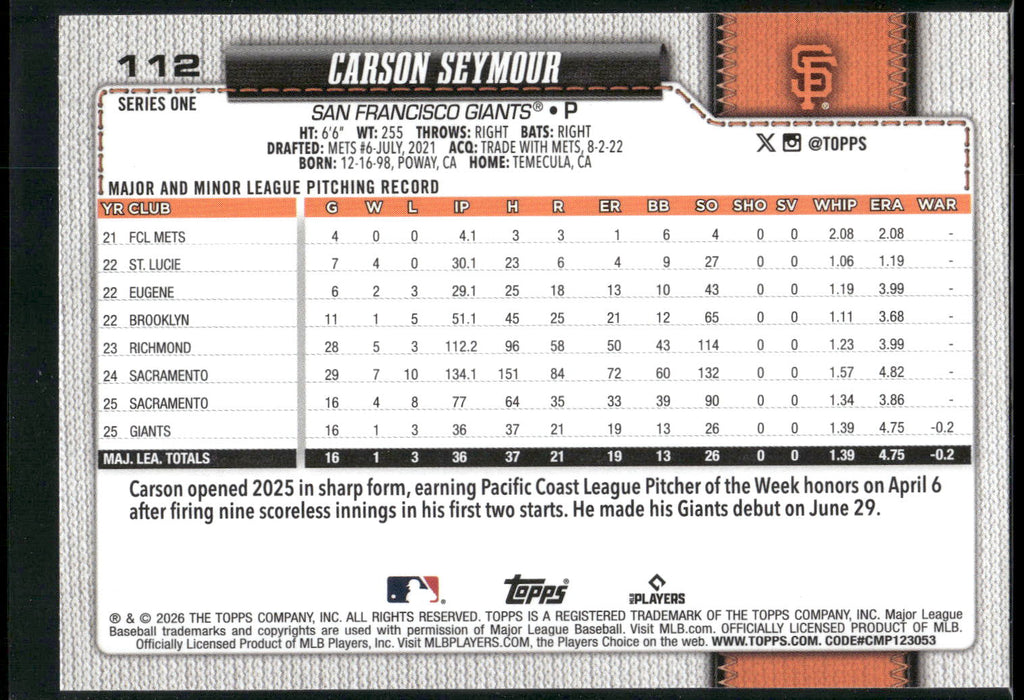 2026 Topps #112 Carson Seymour