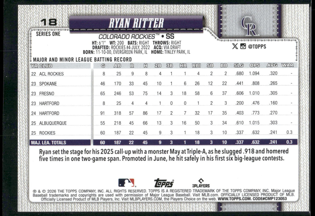 2026 Topps #18 Ryan Ritter