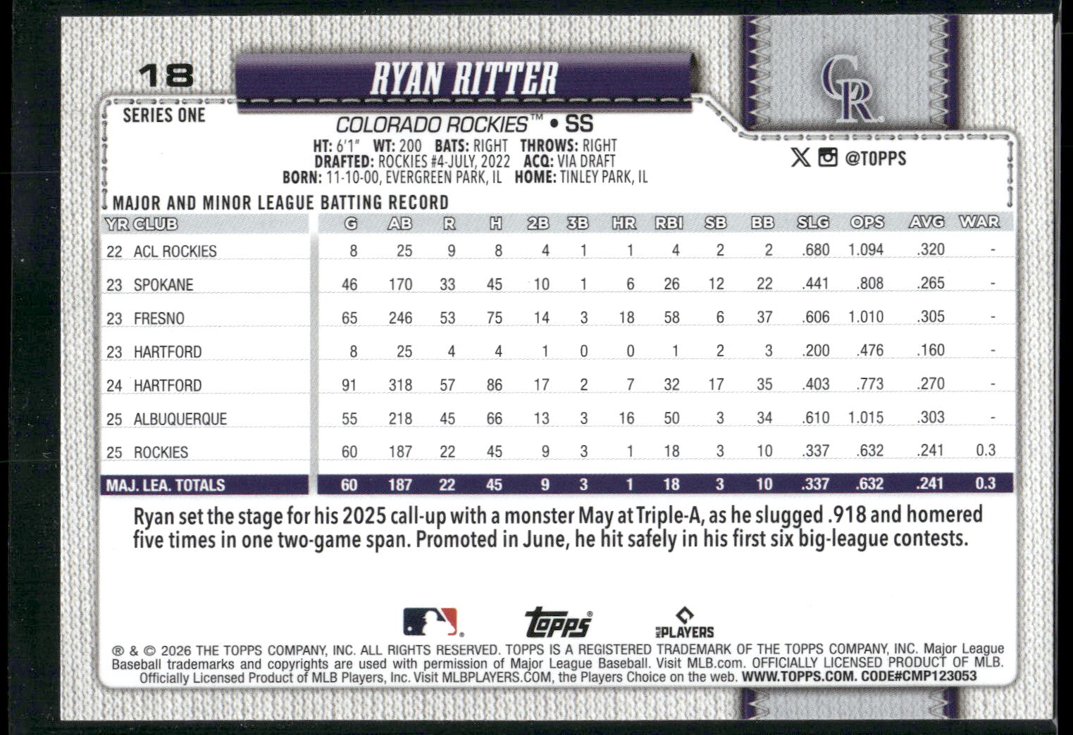 2026 Topps #18 Ryan Ritter