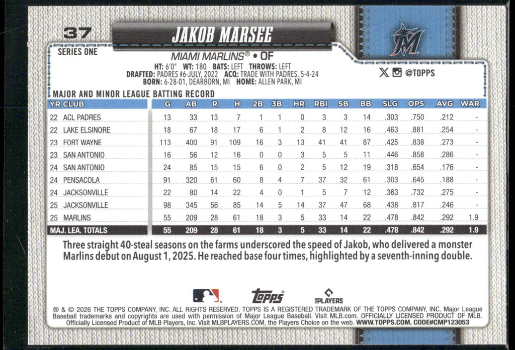 2026 Topps #37 Jakob Marsee