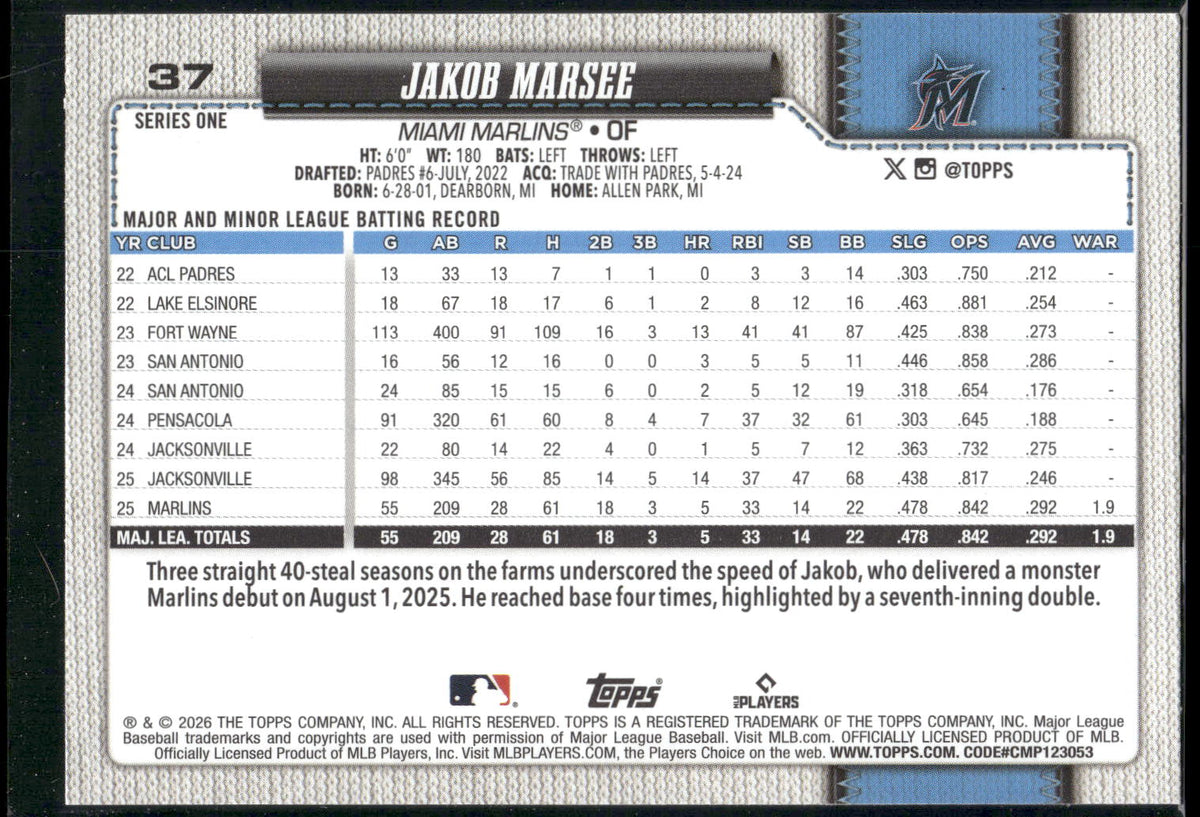 2026 Topps #37 Jakob Marsee