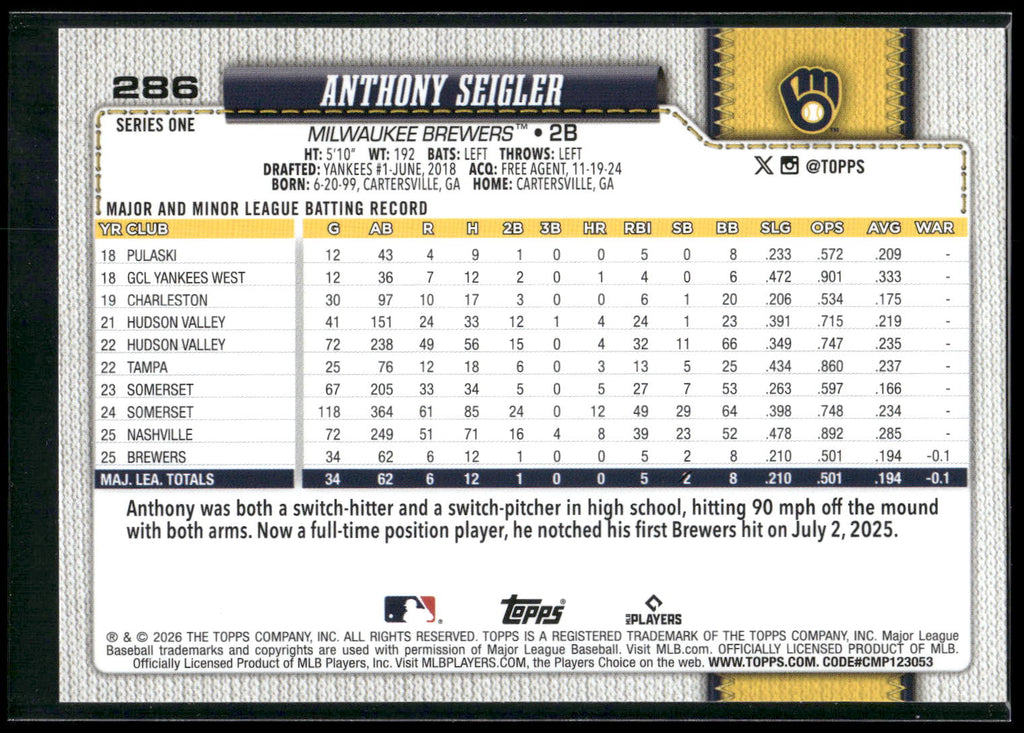 2026 Topps #286 Anthony Seigler