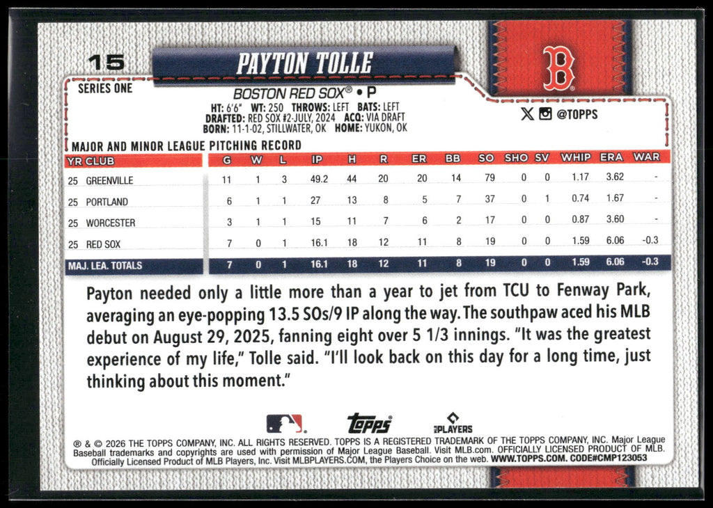 2026 Topps #15 Payton Tolle