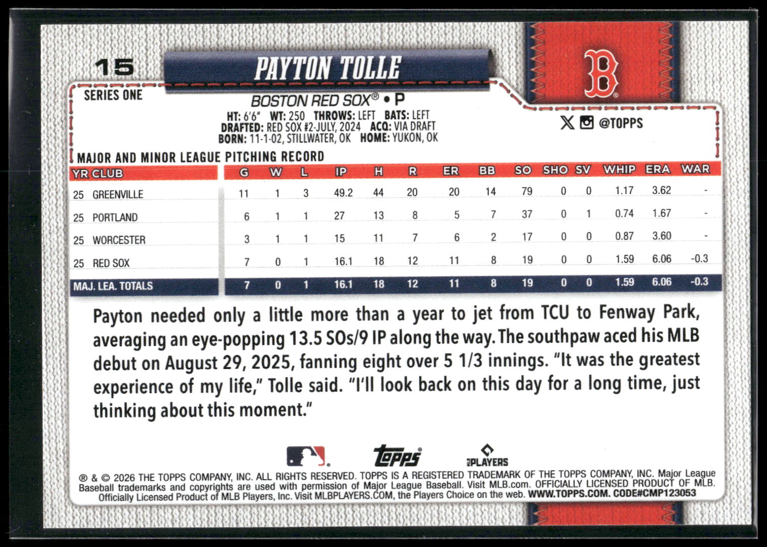 2026 Topps #15 Payton Tolle