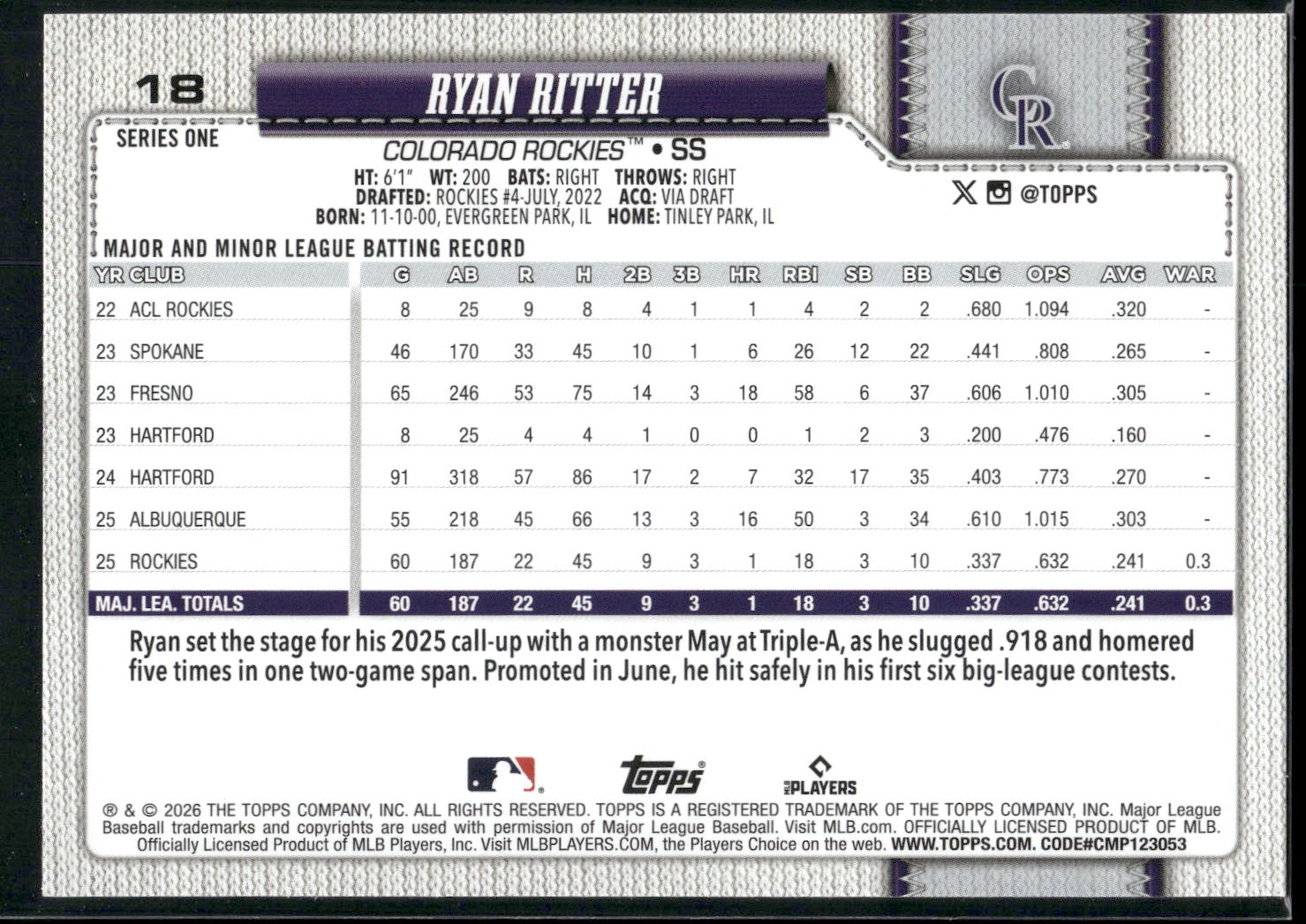 2026 Topps #18 Ryan Ritter