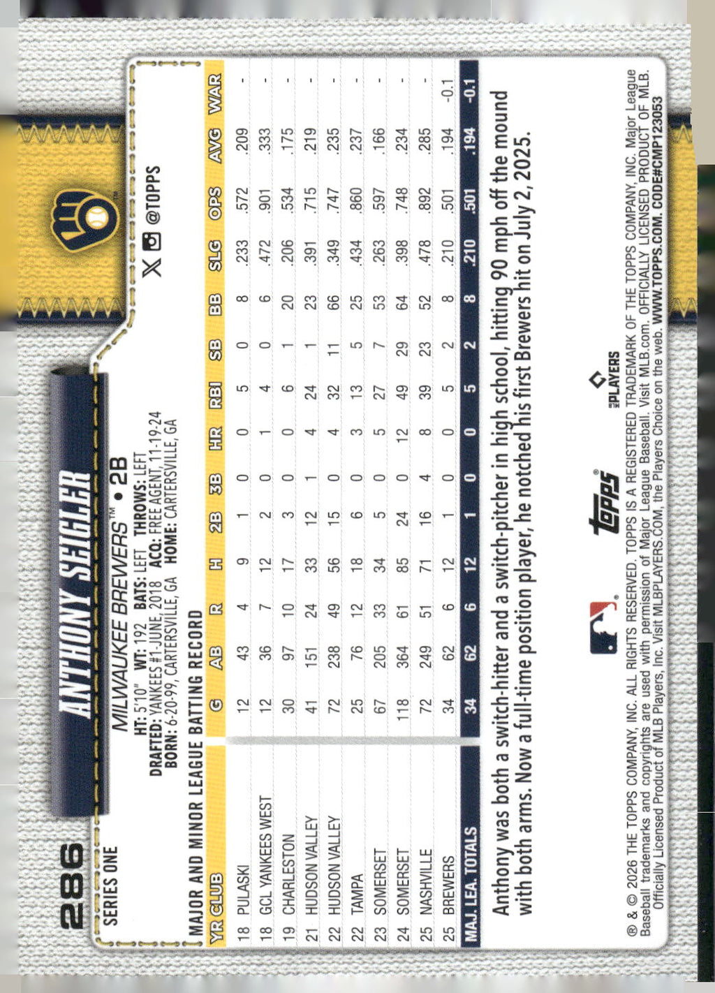 2026 Topps #286 Anthony Seigler