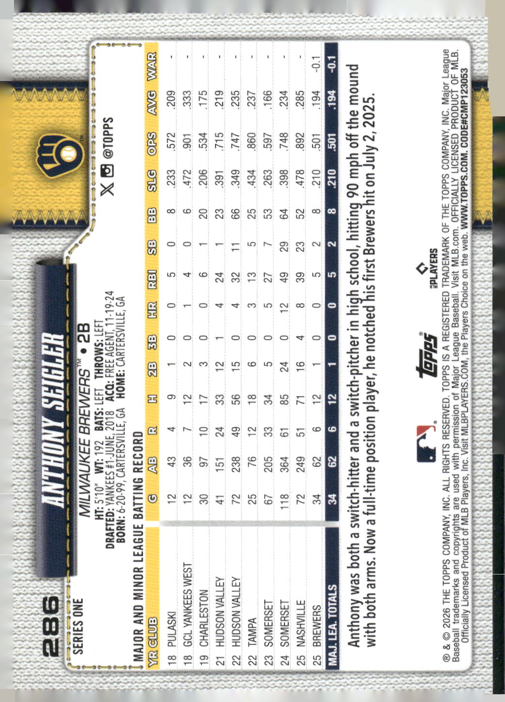 2026 Topps #286 Anthony Seigler