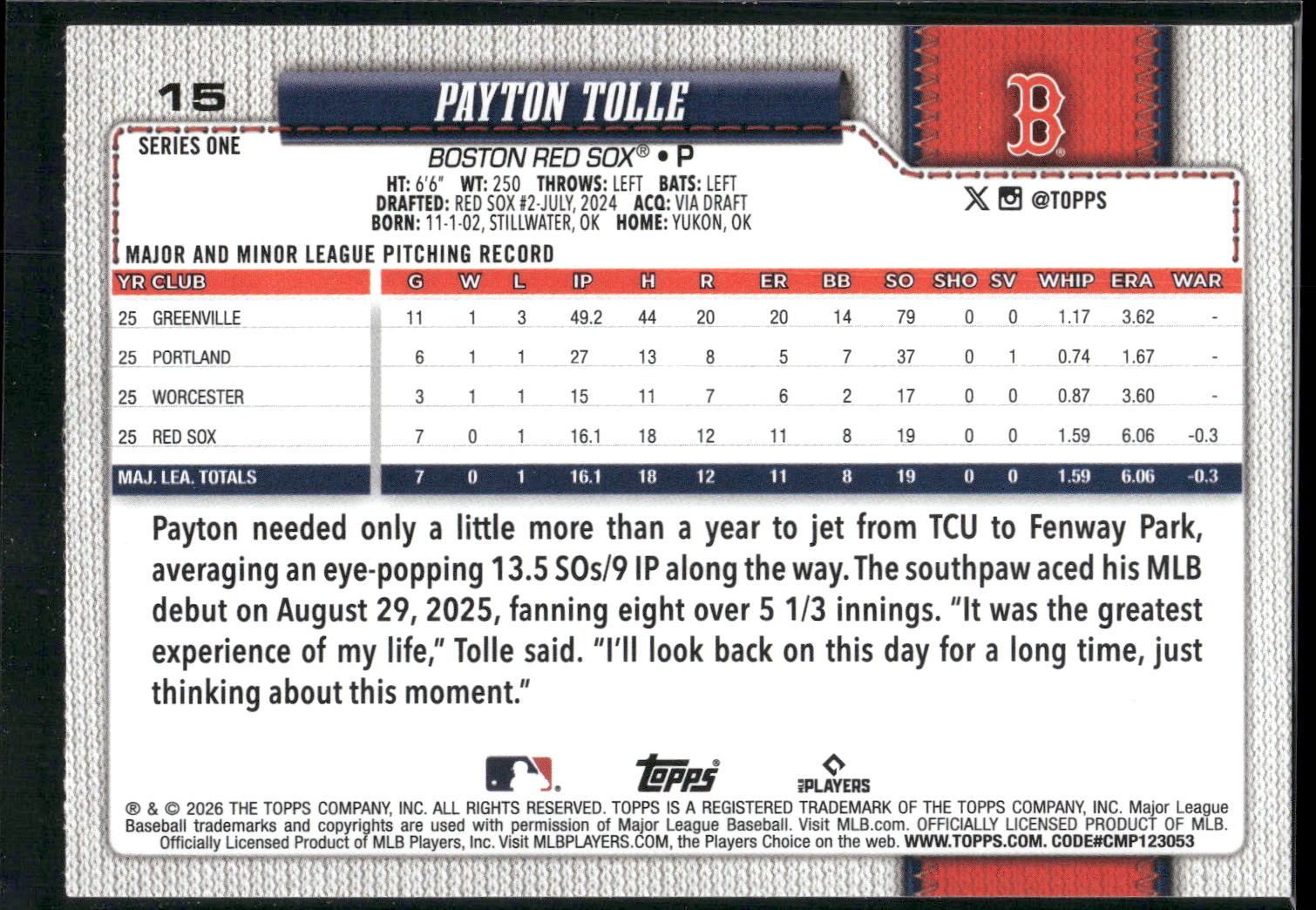 2026 Topps #15 Payton Tolle