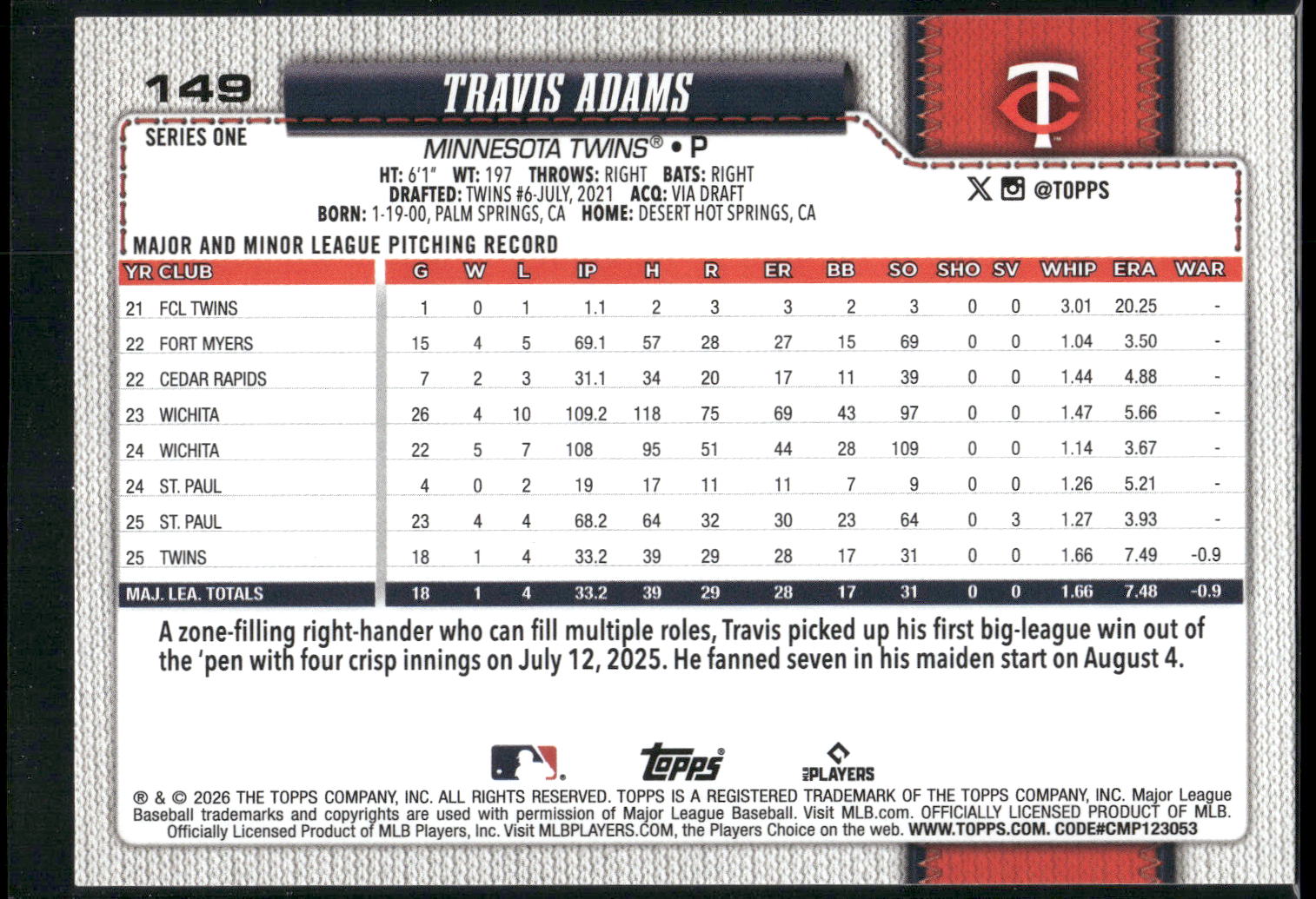 2026 Topps #149 Travis Adams