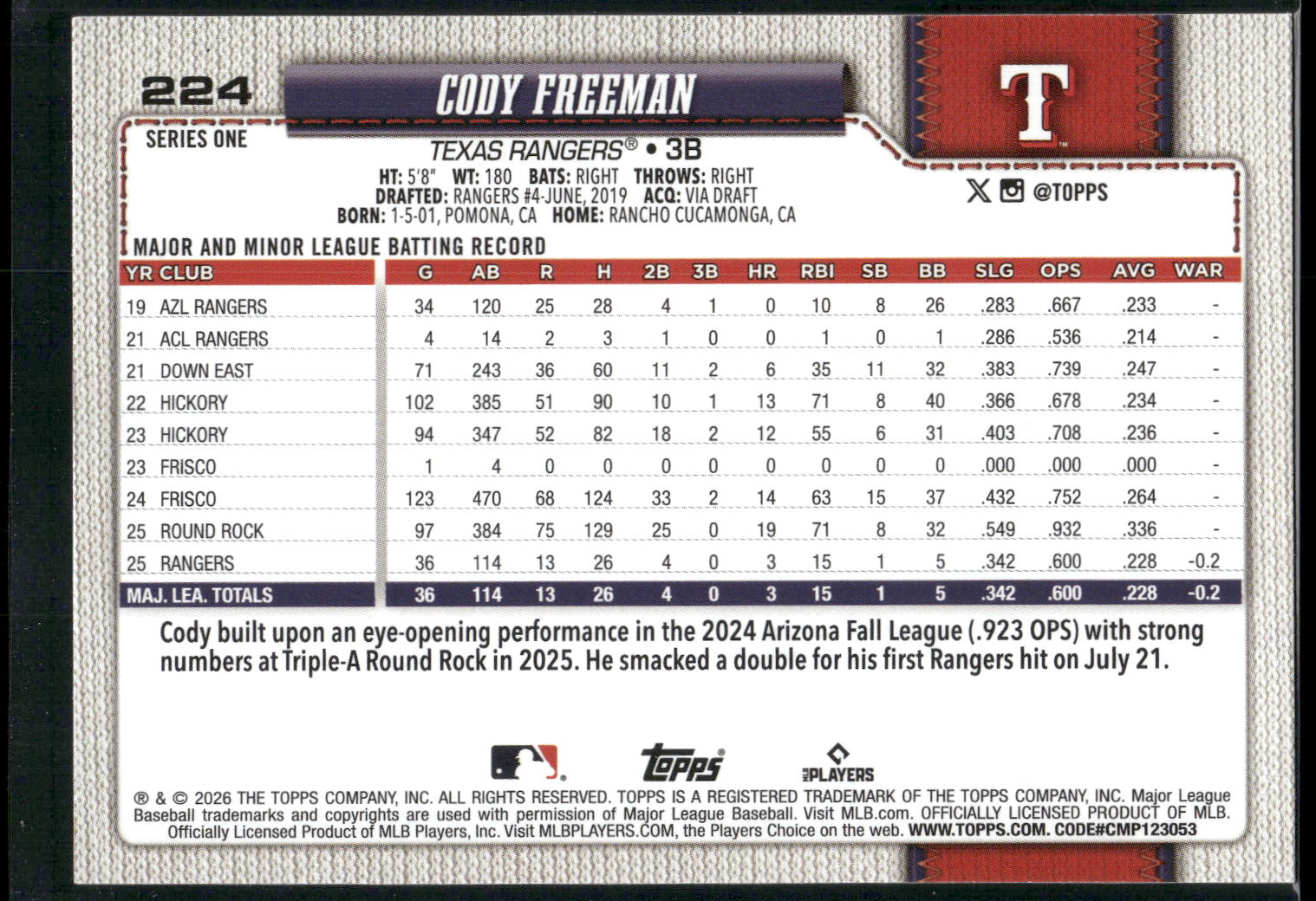 2026 Topps #224 Cody Freeman