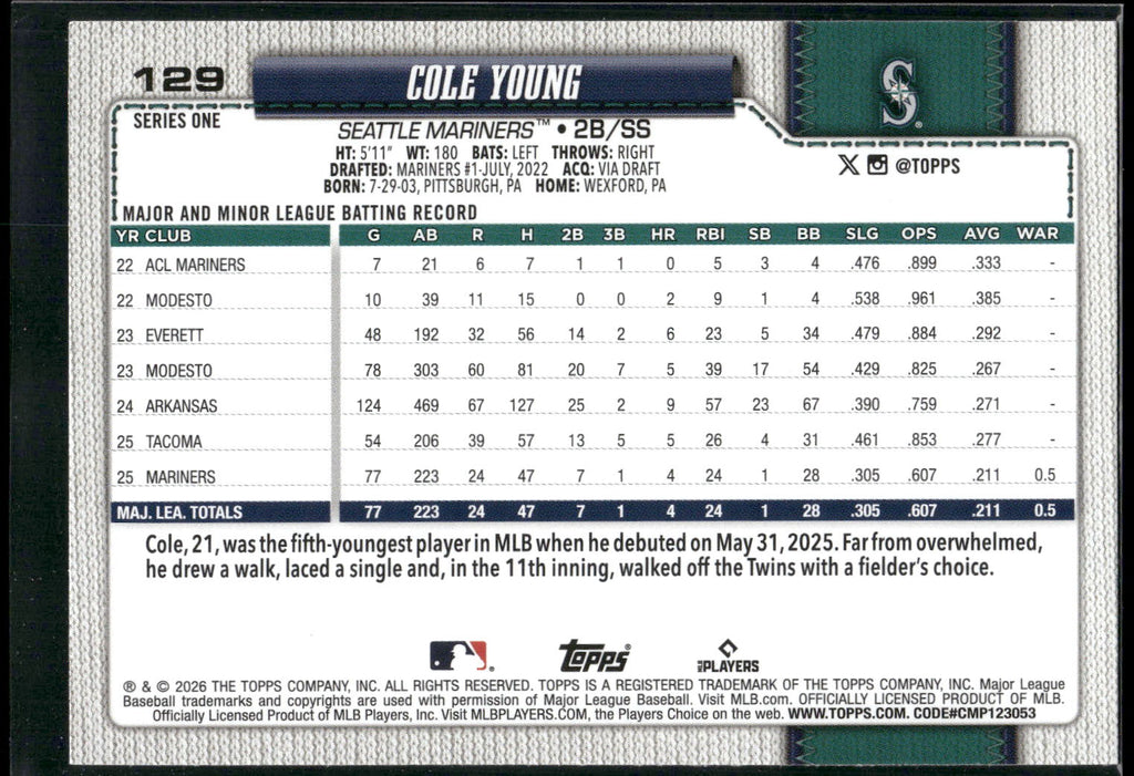 2026 Topps #129 Cole Young