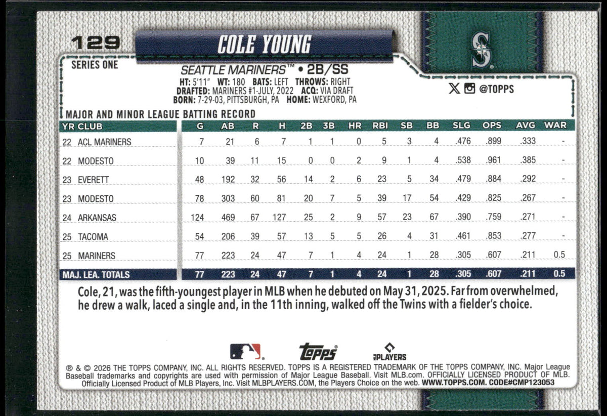 2026 Topps #129 Cole Young