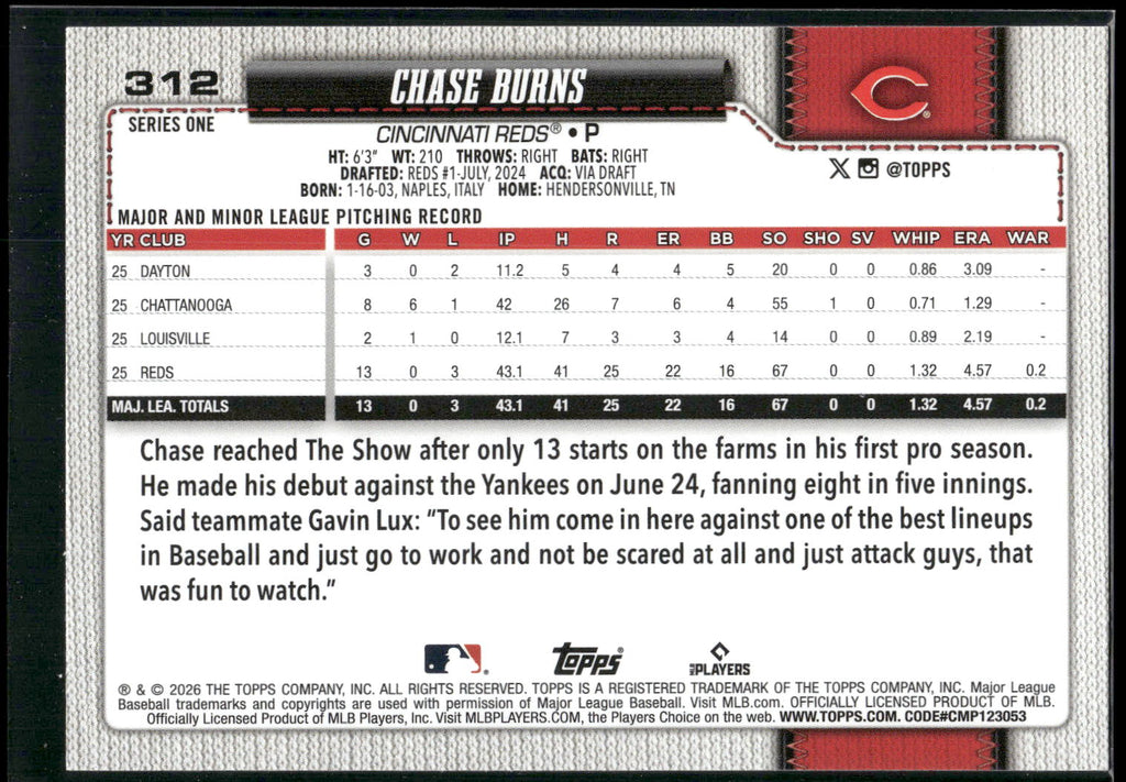 2026 Topps #312 Chase Burns