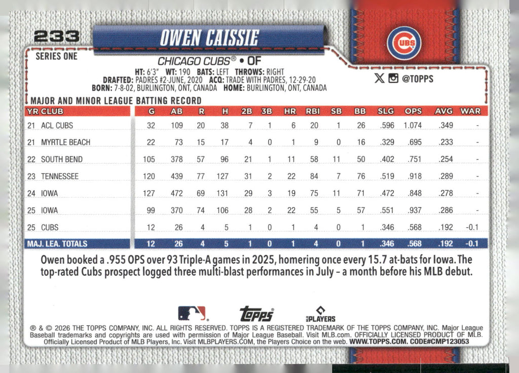 2026 Topps #233 Owen Caissie