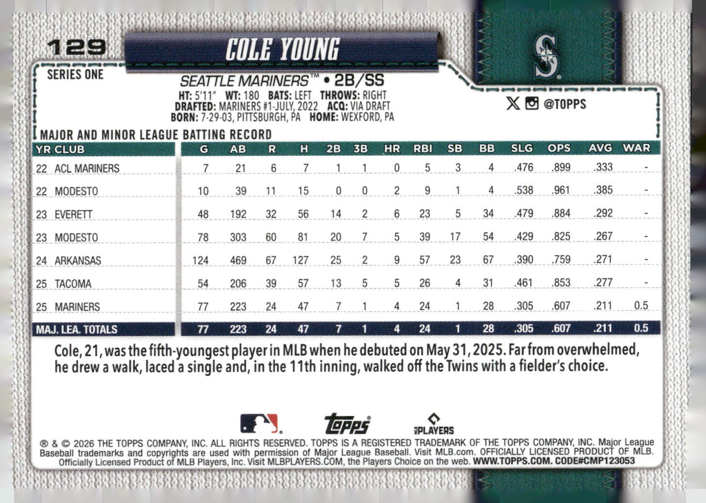 2026 Topps #129 Cole Young